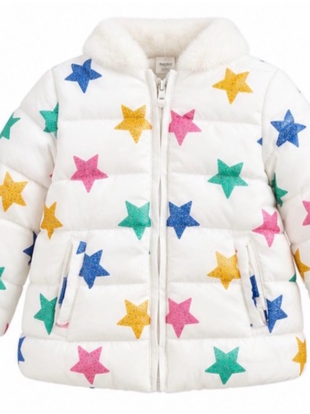 Little Me White Puffer Jacket with Multicolor Star Print